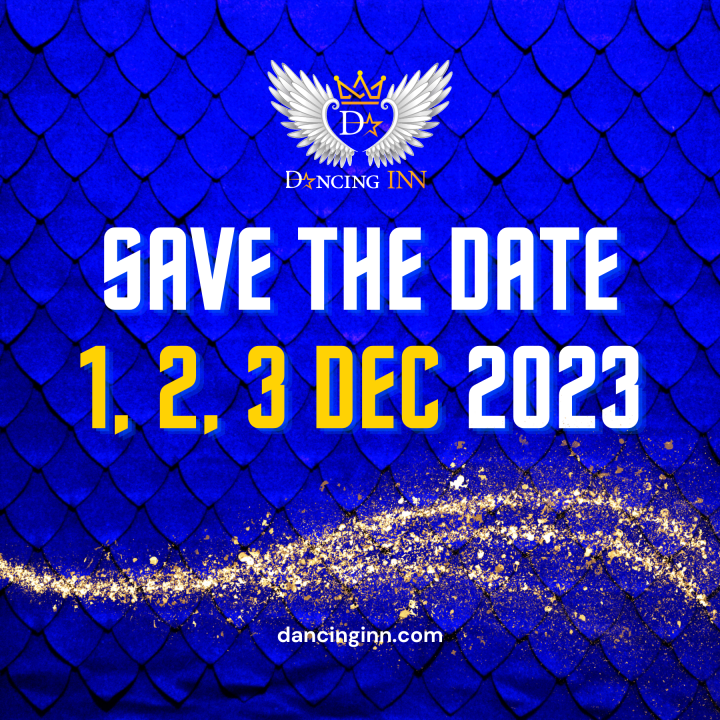 SAVE THE DATE wording on a blue backround with a gold glitter and the dance competition Dancing Inn logo